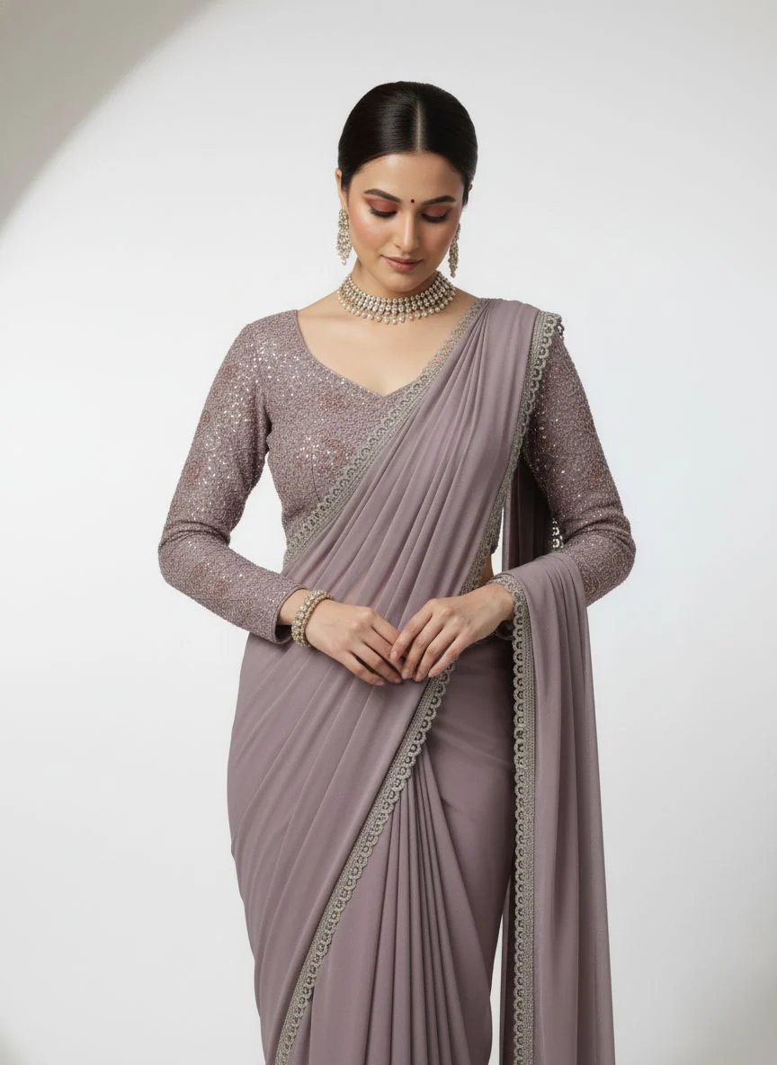 Lavender Designer Ready-to-Wear Saree with Full Sequin Blouse - Image 2