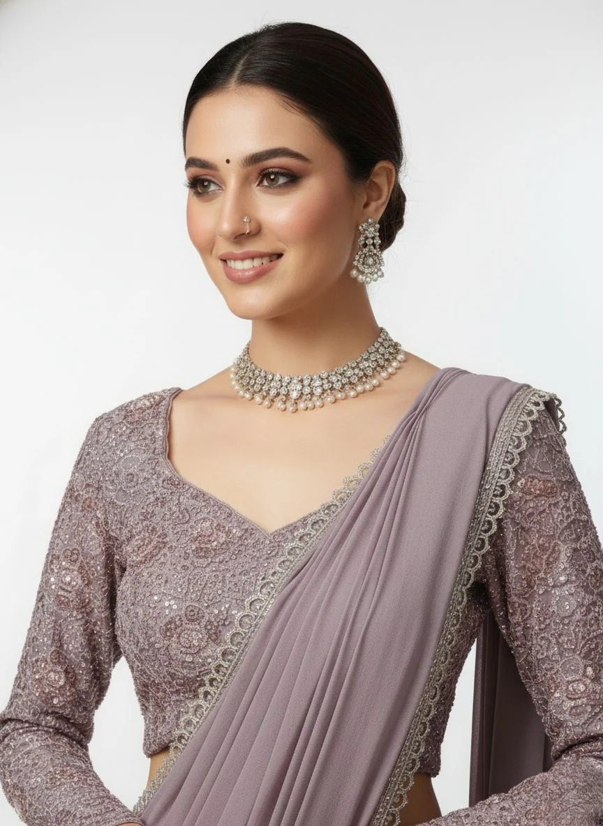 Lavender Designer Ready-to-Wear Saree with Full Sequin Blouse - Image 3
