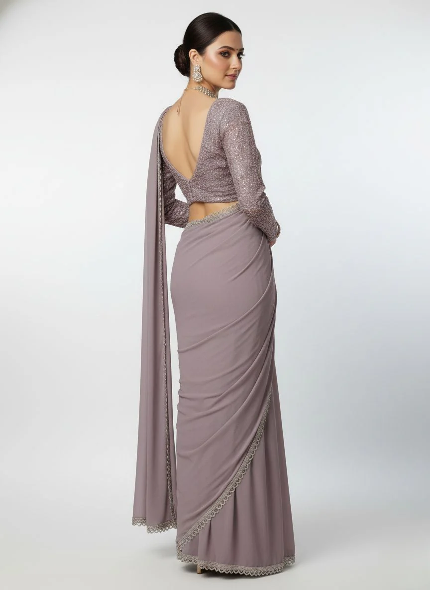 Lavender Designer Ready-to-Wear Saree with Full Sequin Blouse - Image 4