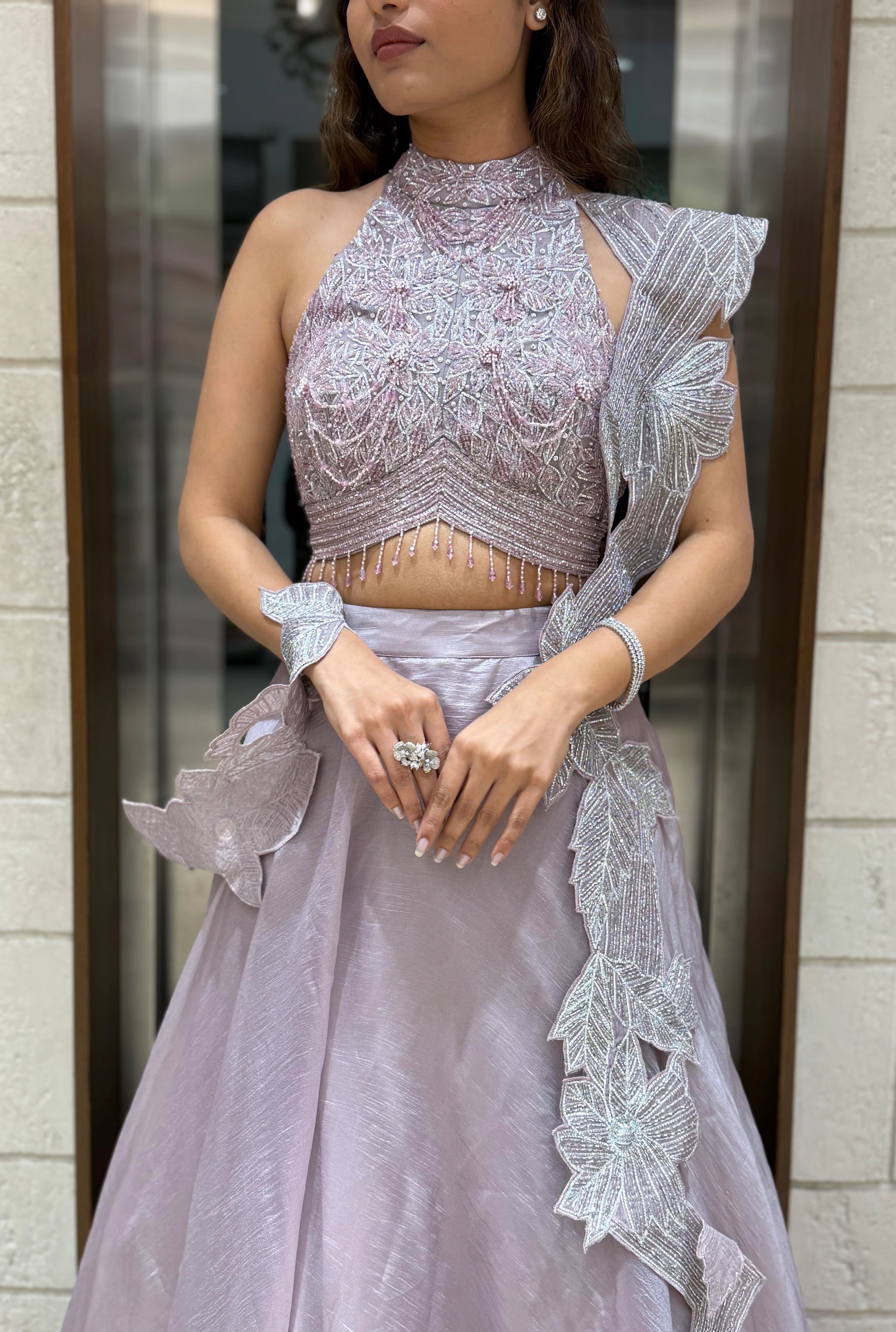 Lavender Embellished Designer Lehenga Set with Ruffled Dupatta – Celestial Charm Edition - Image 2