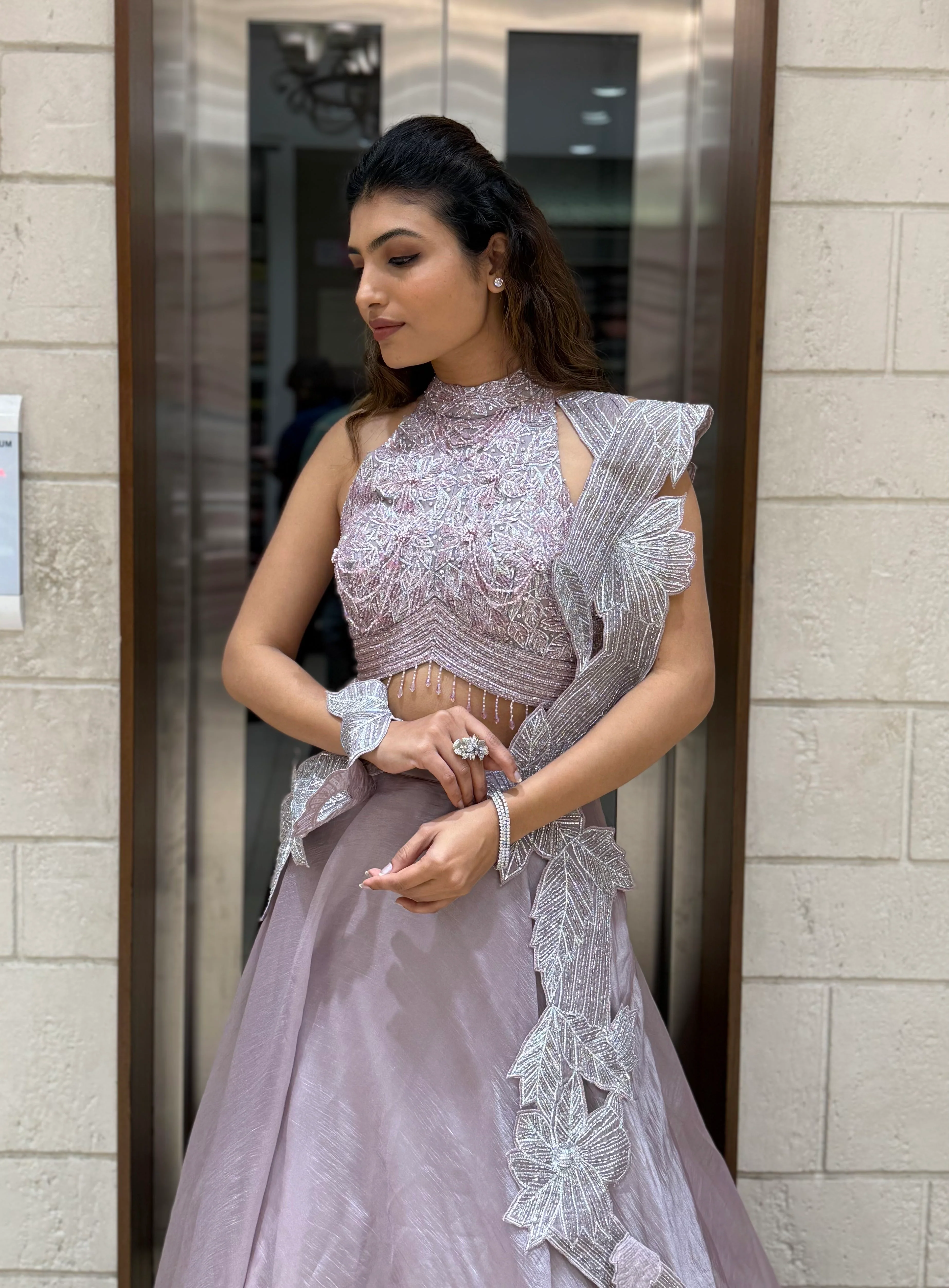 Lavender Embellished Designer Lehenga Set with Ruffled Dupatta – Celestial Charm Edition - Image 4