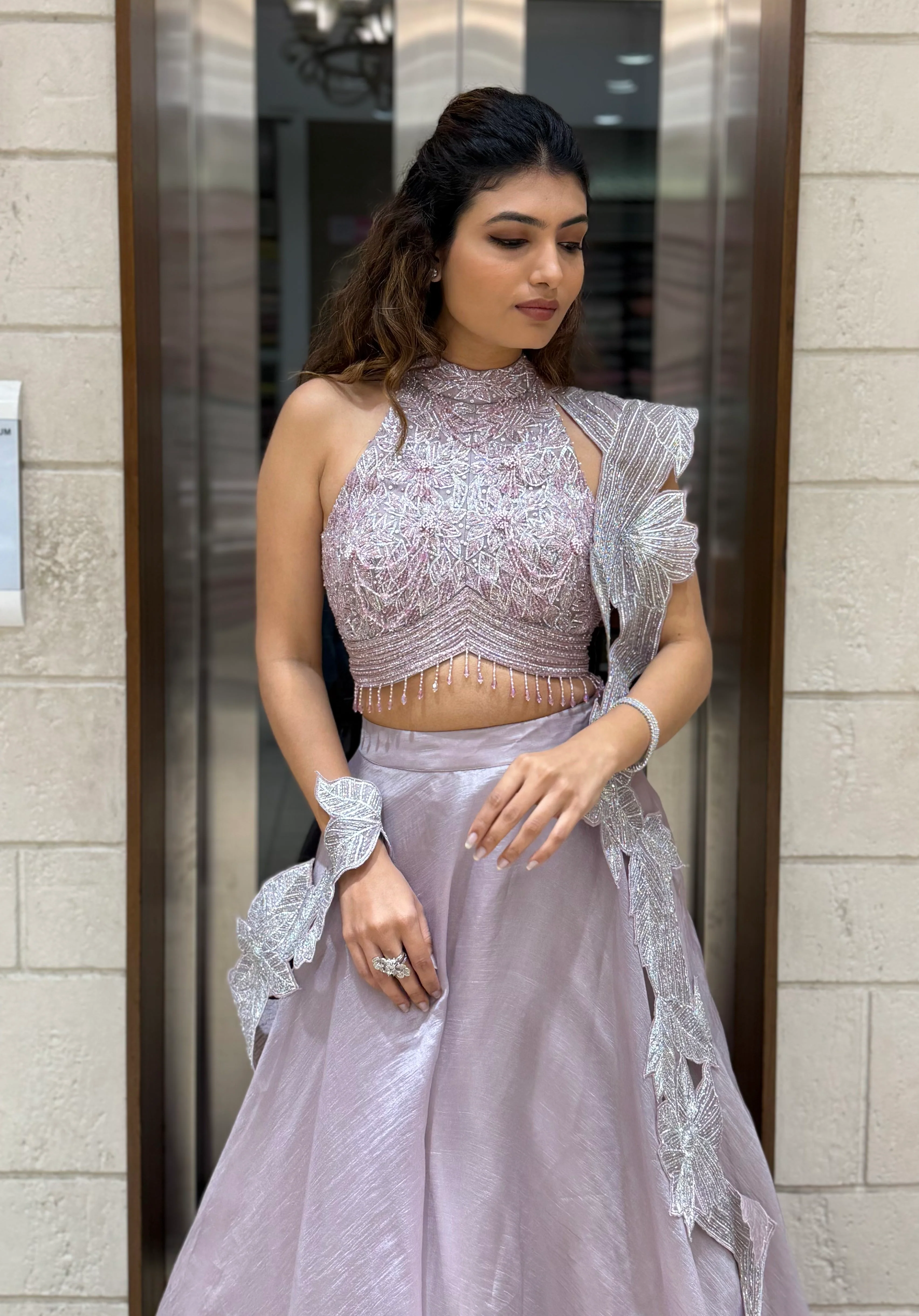 Lavender Embellished Designer Lehenga Set with Ruffled Dupatta – Celestial Charm Edition - Image 5