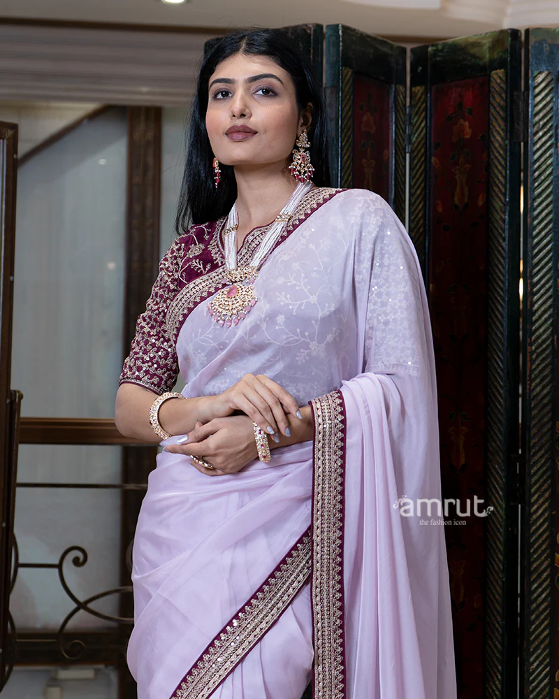 Lavender Embroidered Border Saree with Stitched Blouse - Image 2