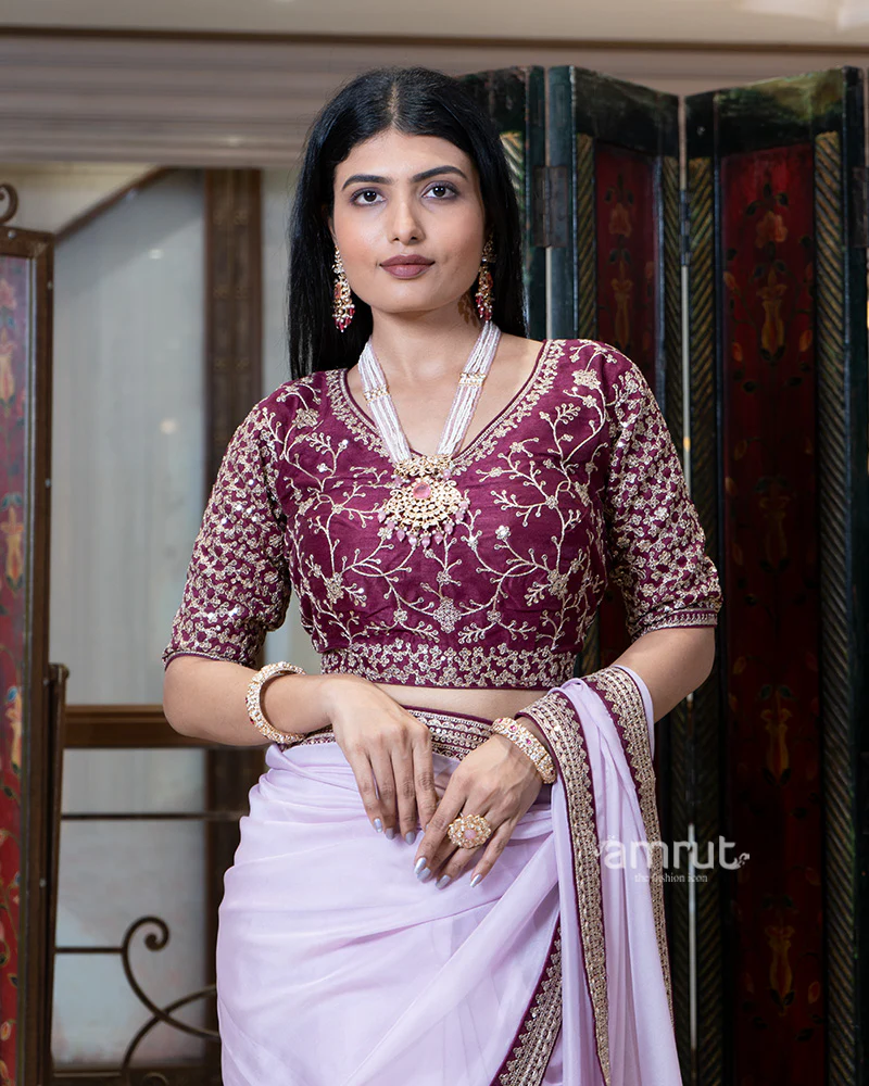 Lavender Embroidered Border Saree with Stitched Blouse - Image 3