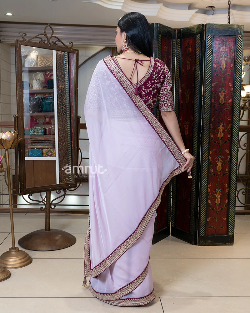 Lavender Embroidered Border Saree with Stitched Blouse - Image 4
