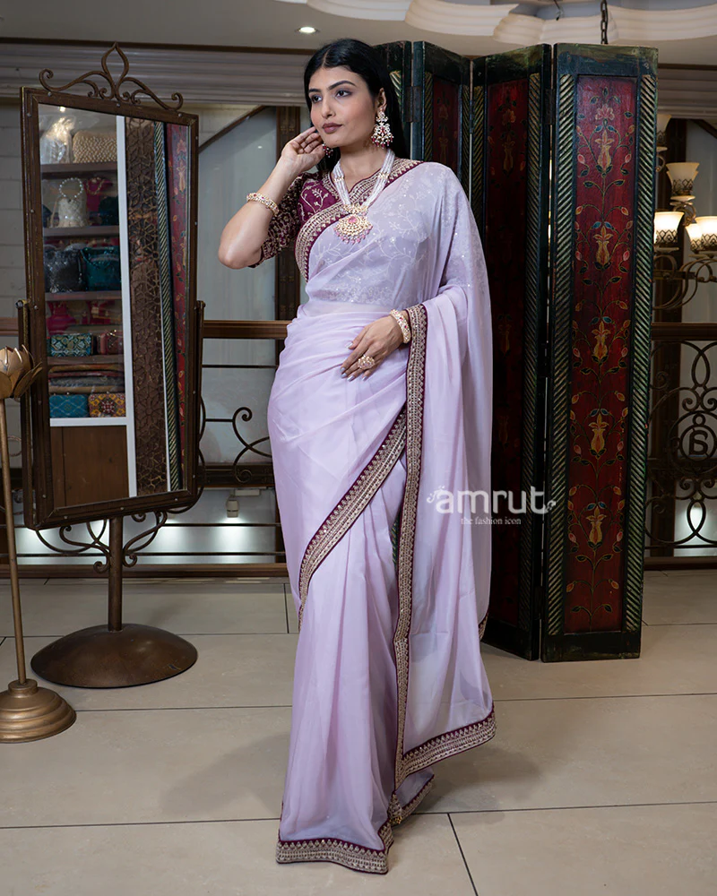 Lavender Embroidered Border Saree with Stitched Blouse - Image 5