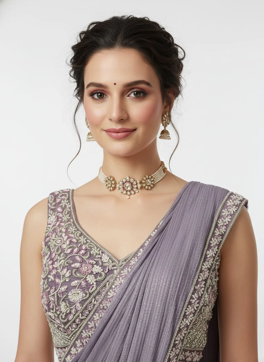 Lavender Embroidered Ready-to-Wear Saree with Designer Sleeveless Blouse - Image 2