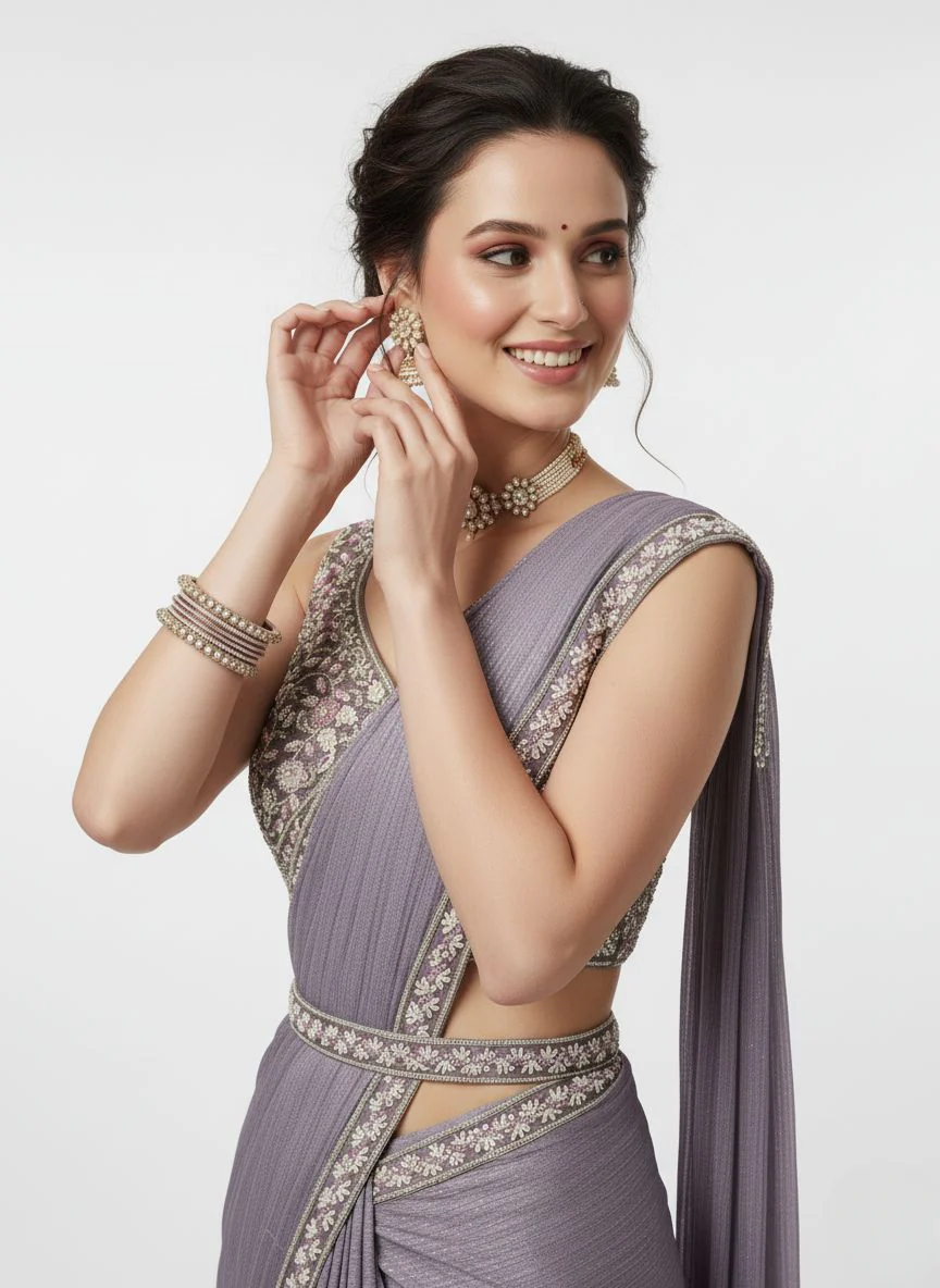 Lavender Embroidered Ready-to-Wear Saree with Designer Sleeveless Blouse - Image 3