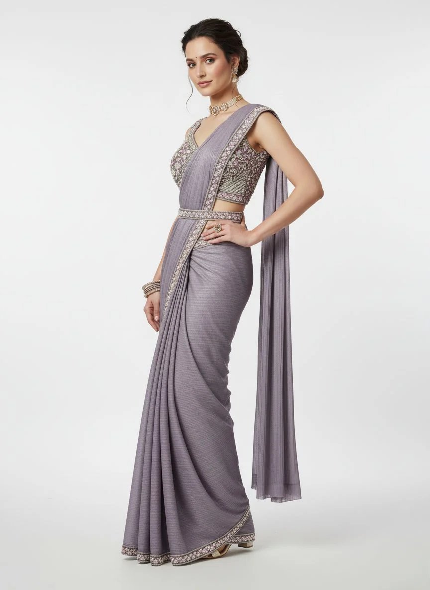 Lavender Embroidered Ready-to-Wear Saree with Designer Sleeveless Blouse - Image 4