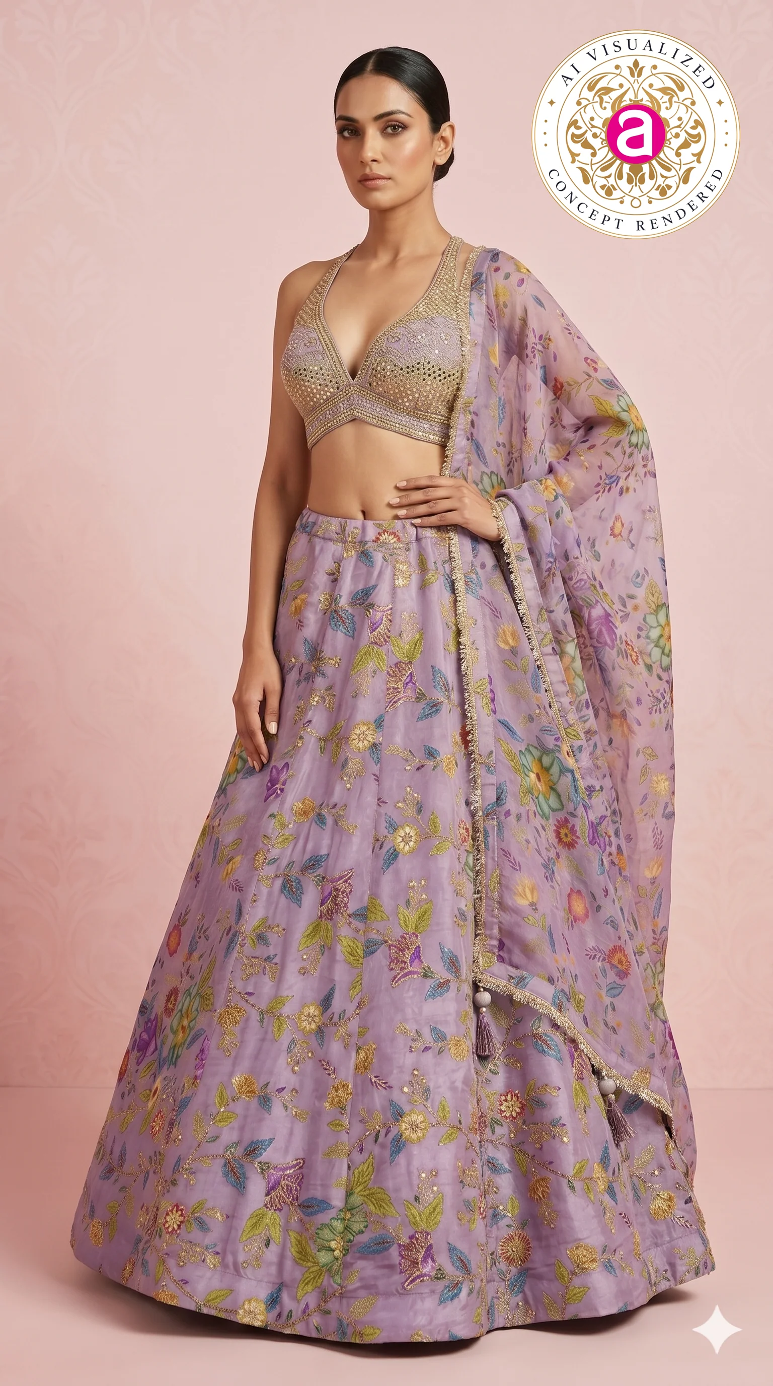 Lavender Floral Embroidered Designer Lehenga Choli with Printed Organza Dupatta - Image 3