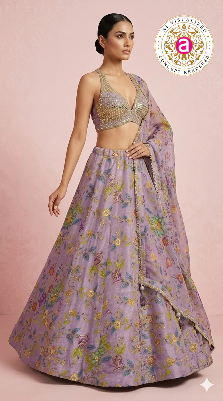 Lavender Floral Embroidered Designer Lehenga Choli with Printed Organza Dupatta - Image 6