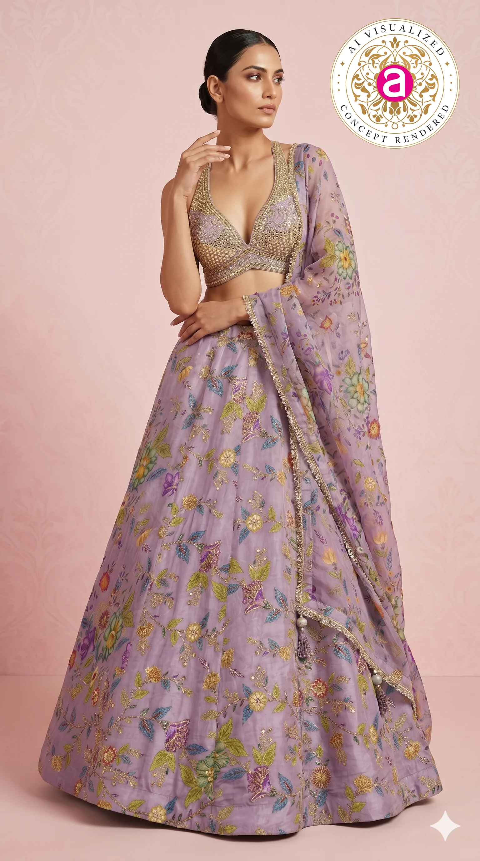 Lavender Floral Embroidered Designer Lehenga Choli with Printed Organza Dupatta - Image 7