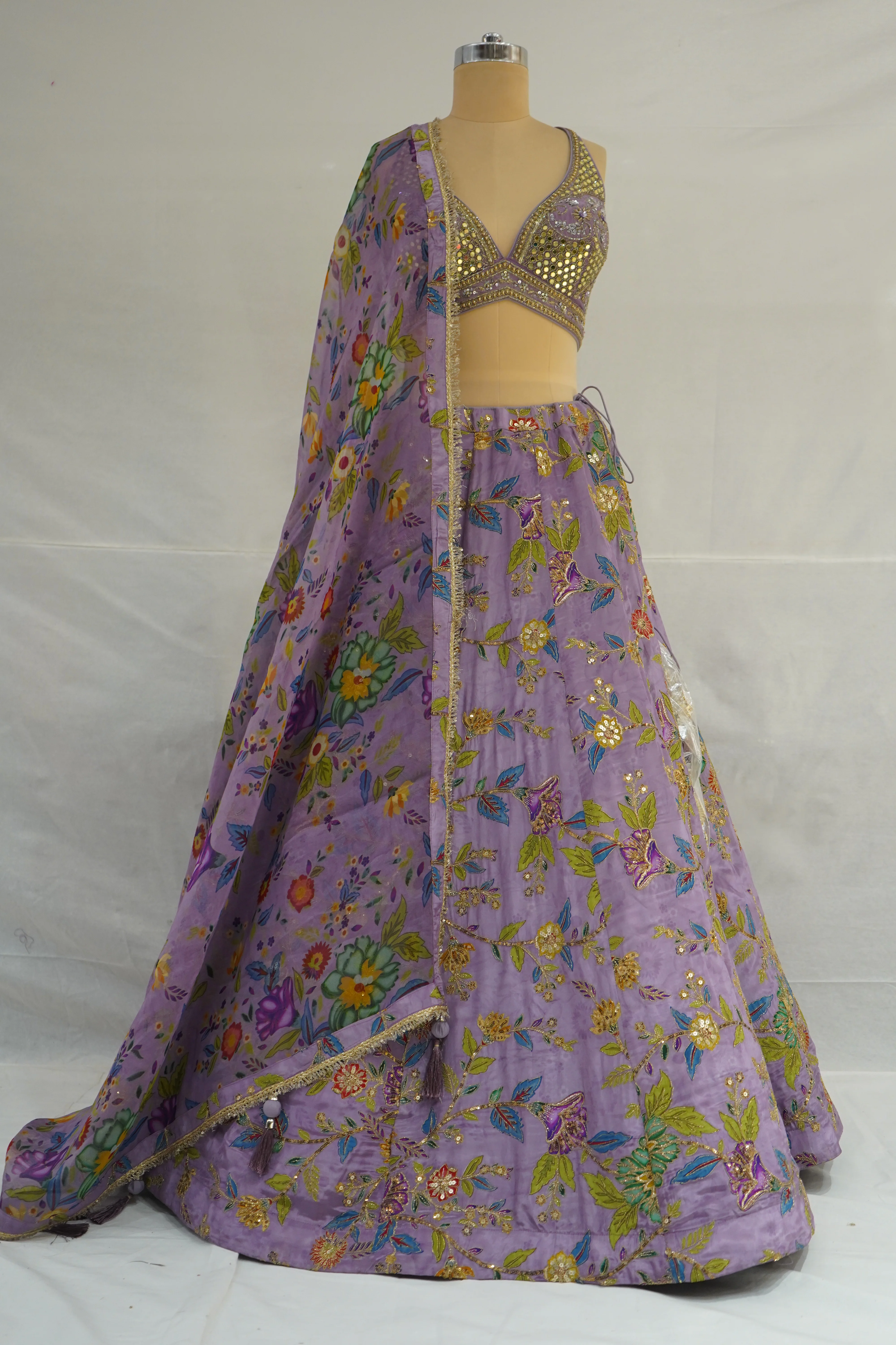 Lavender Floral Embroidered Designer Lehenga Choli with Printed Organza Dupatta - Image 8
