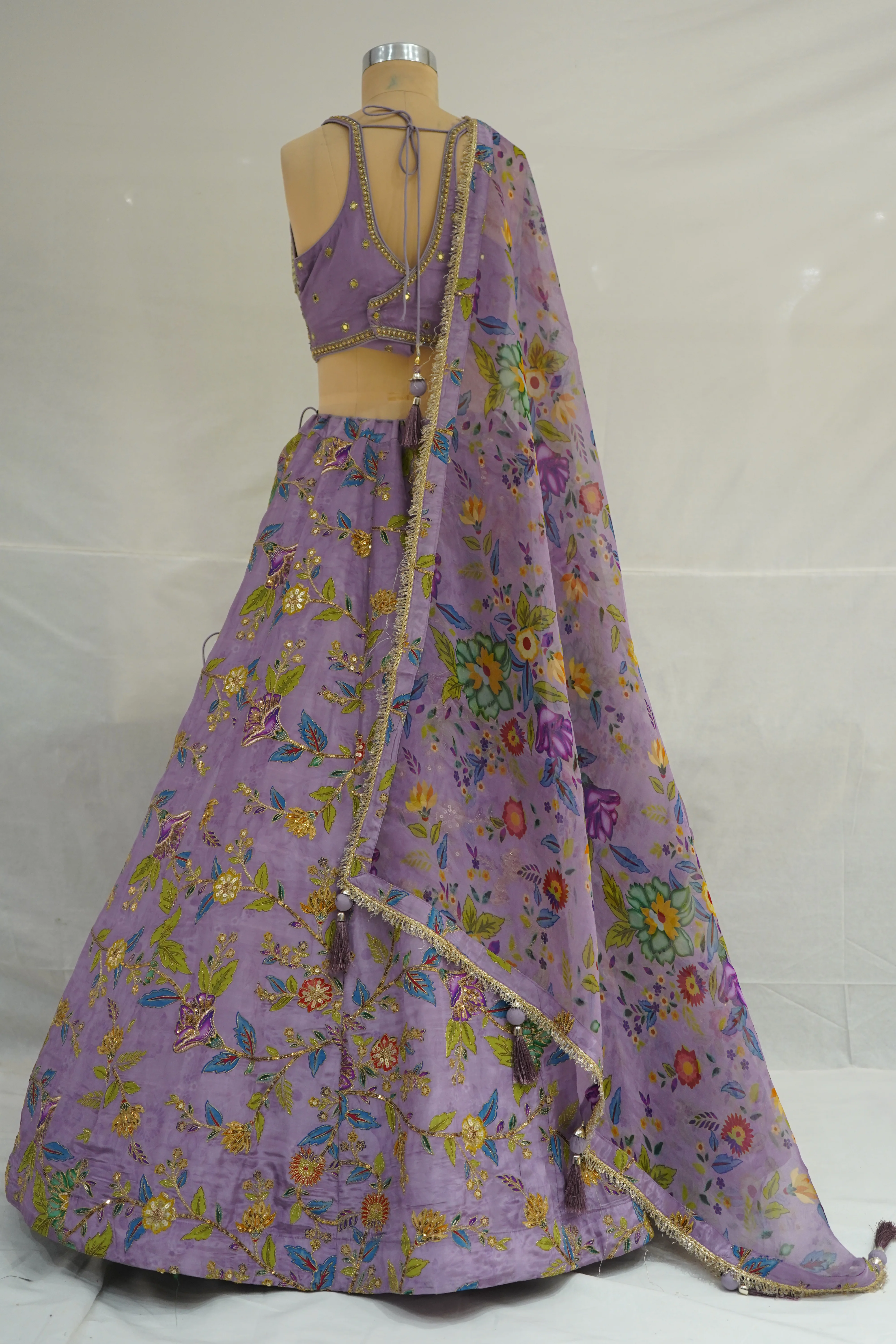 Lavender Floral Embroidered Designer Lehenga Choli with Printed Organza Dupatta - Image 9