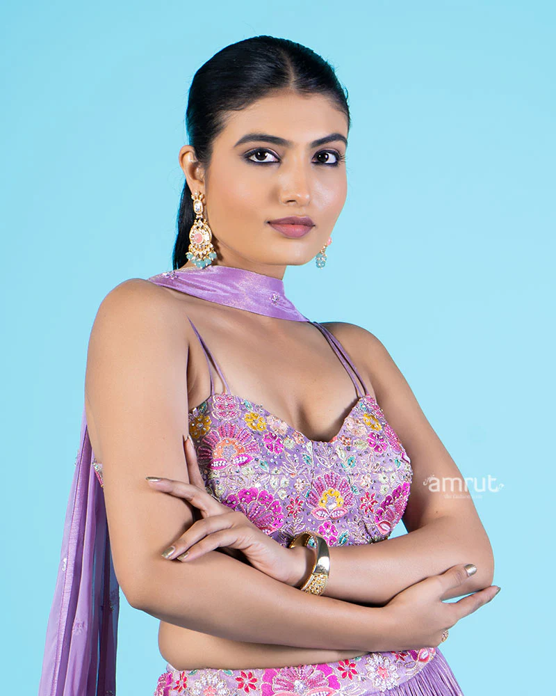 Lavender Floral Embroidered Lehenga Choli with Sheer Dupatta - Image 2