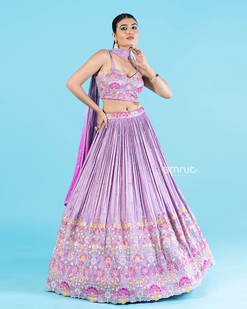 Lavender Floral Embroidered Lehenga Choli with Sheer Dupatta - Image 4