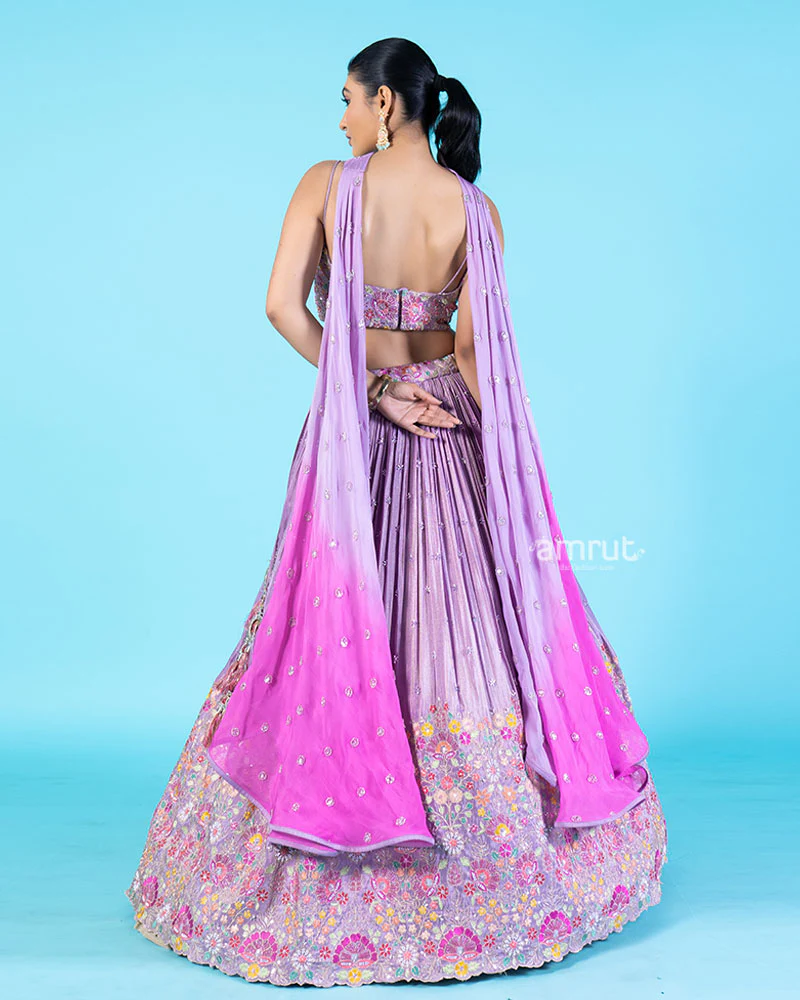 Lavender Floral Embroidered Lehenga Choli with Sheer Dupatta - Image 5