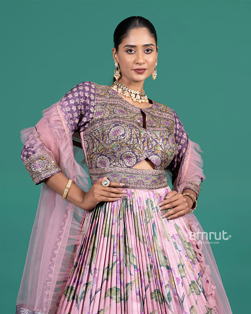 Lavender Floral Printed Embroidered Gown with Net Dupatta - Image 2