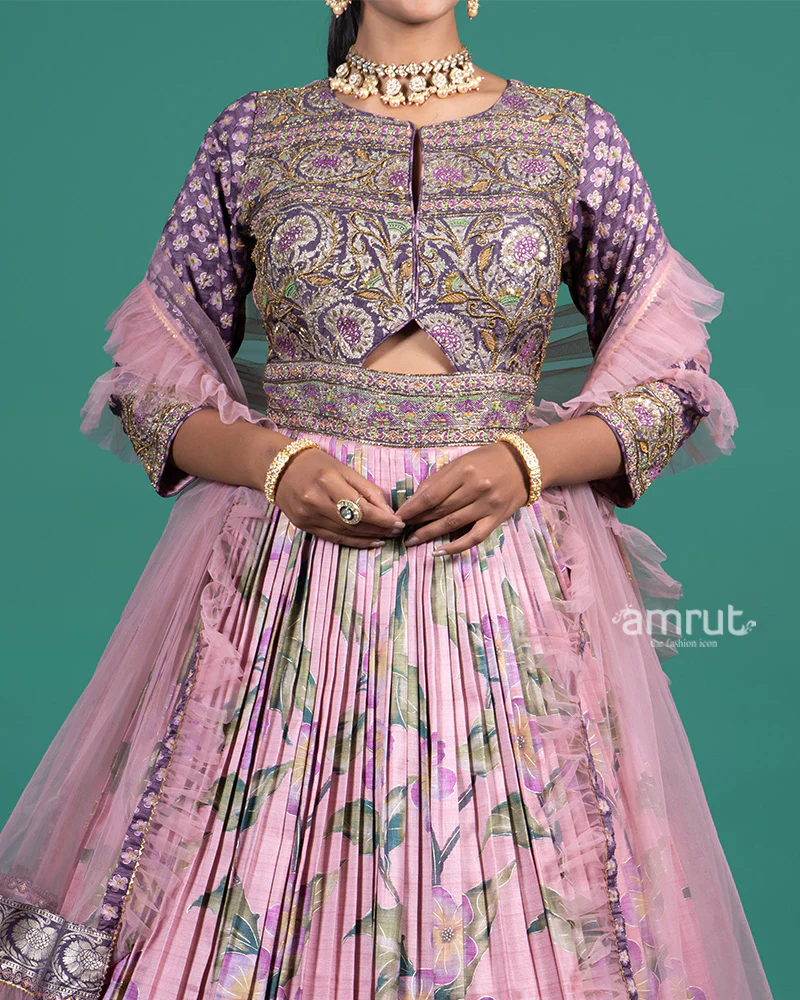 Lavender Floral Printed Embroidered Gown with Net Dupatta - Image 3