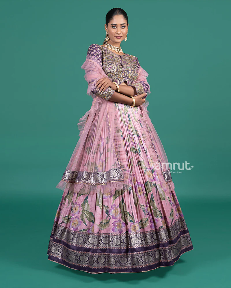 Lavender Floral Printed Embroidered Gown with Net Dupatta - Image 4