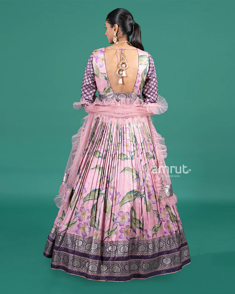 Lavender Floral Printed Embroidered Gown with Net Dupatta - Image 5