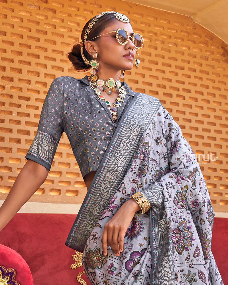 Lavender Floral Printed Silk Saree with Unstitched Blouse - Image 2
