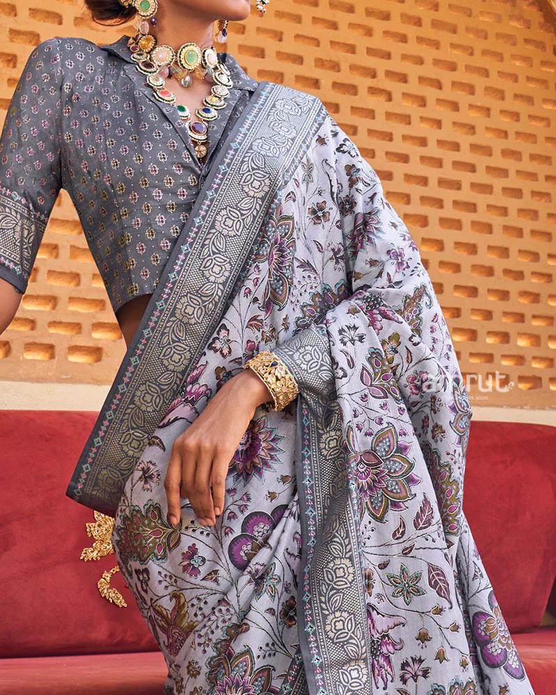 Lavender Floral Printed Silk Saree with Unstitched Blouse - Image 3