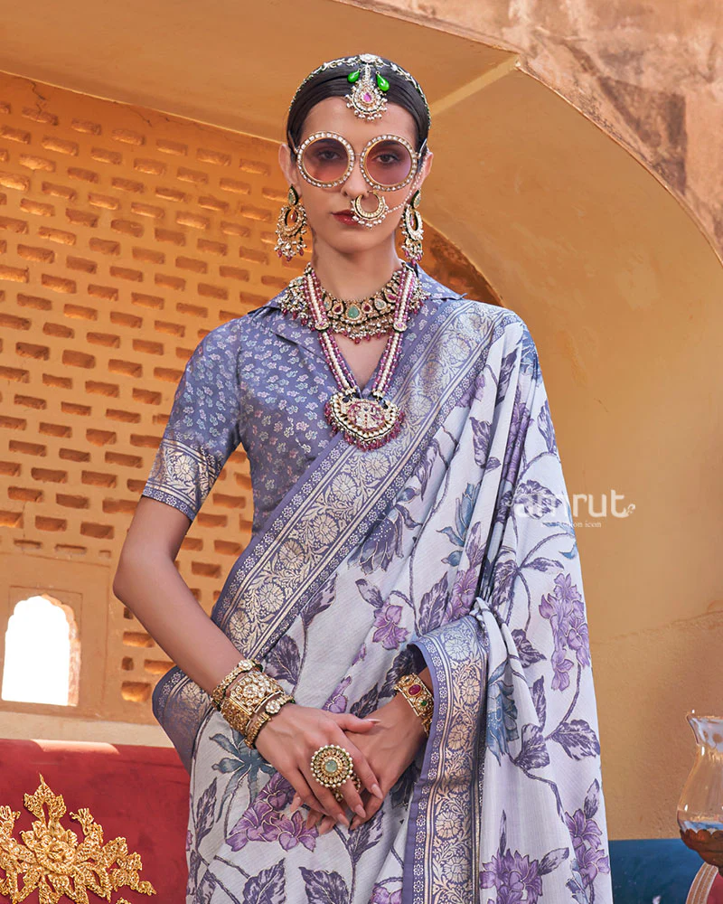 Lavender Floral Printed Silk Saree with Unstitched Blouse - Image 2
