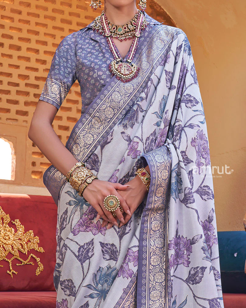 Lavender Floral Printed Silk Saree with Unstitched Blouse - Image 3