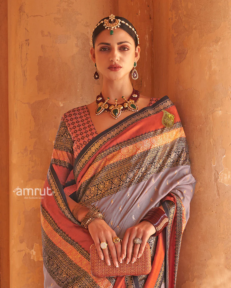 Lavender Grey and Rust Dual-Tone Borders Printed Patola Silk Saree with Unstitched Blouse - Image 2
