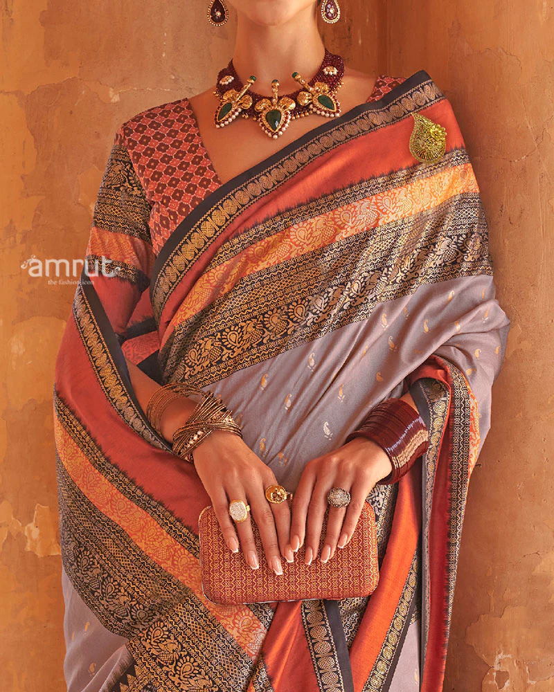 Lavender Grey and Rust Dual-Tone Borders Printed Patola Silk Saree with Unstitched Blouse - Image 3