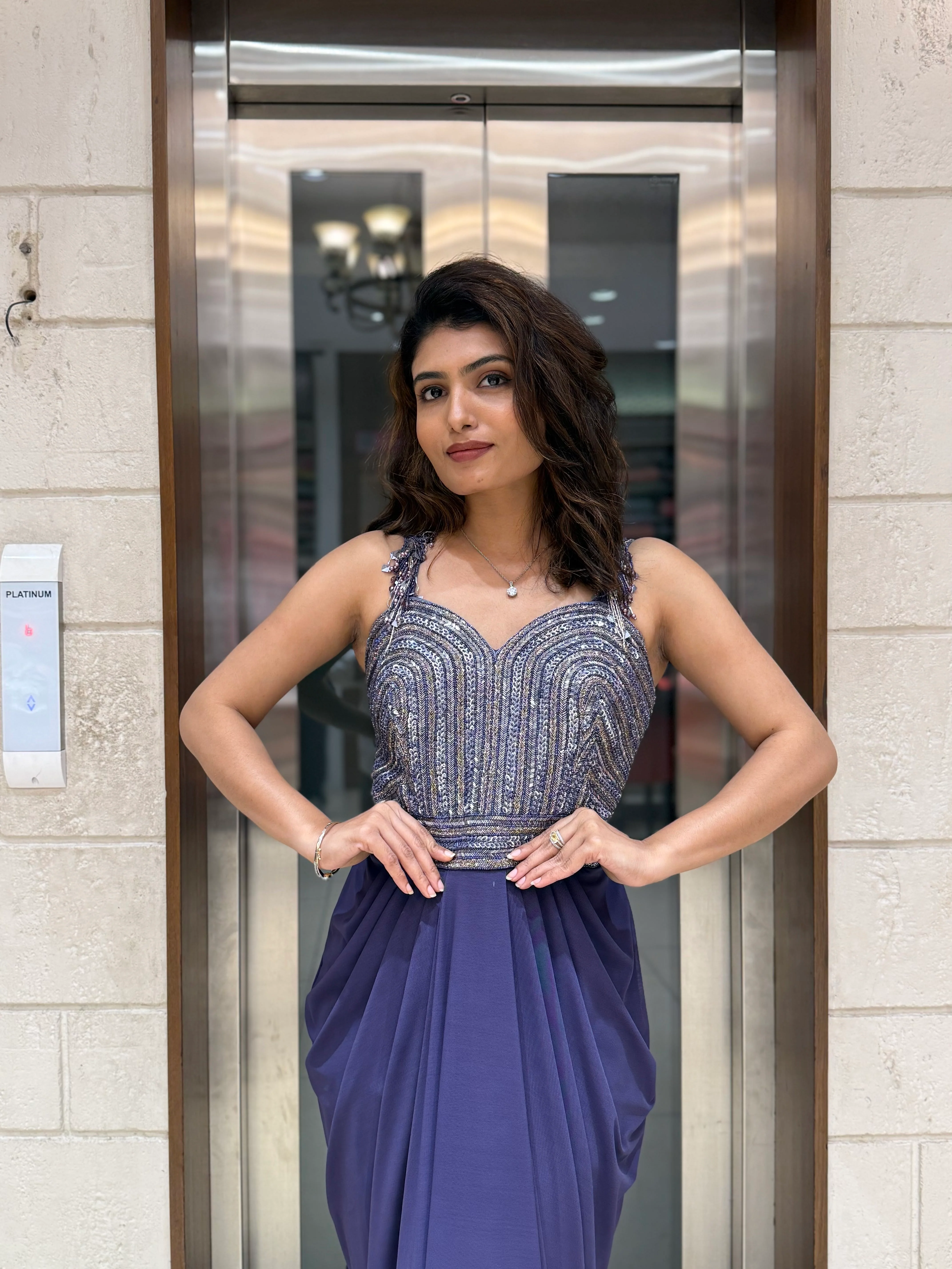 Lavender Grey Sequin Corset Draped Gown – Modern Glamour Evening Ensemble - Image 3