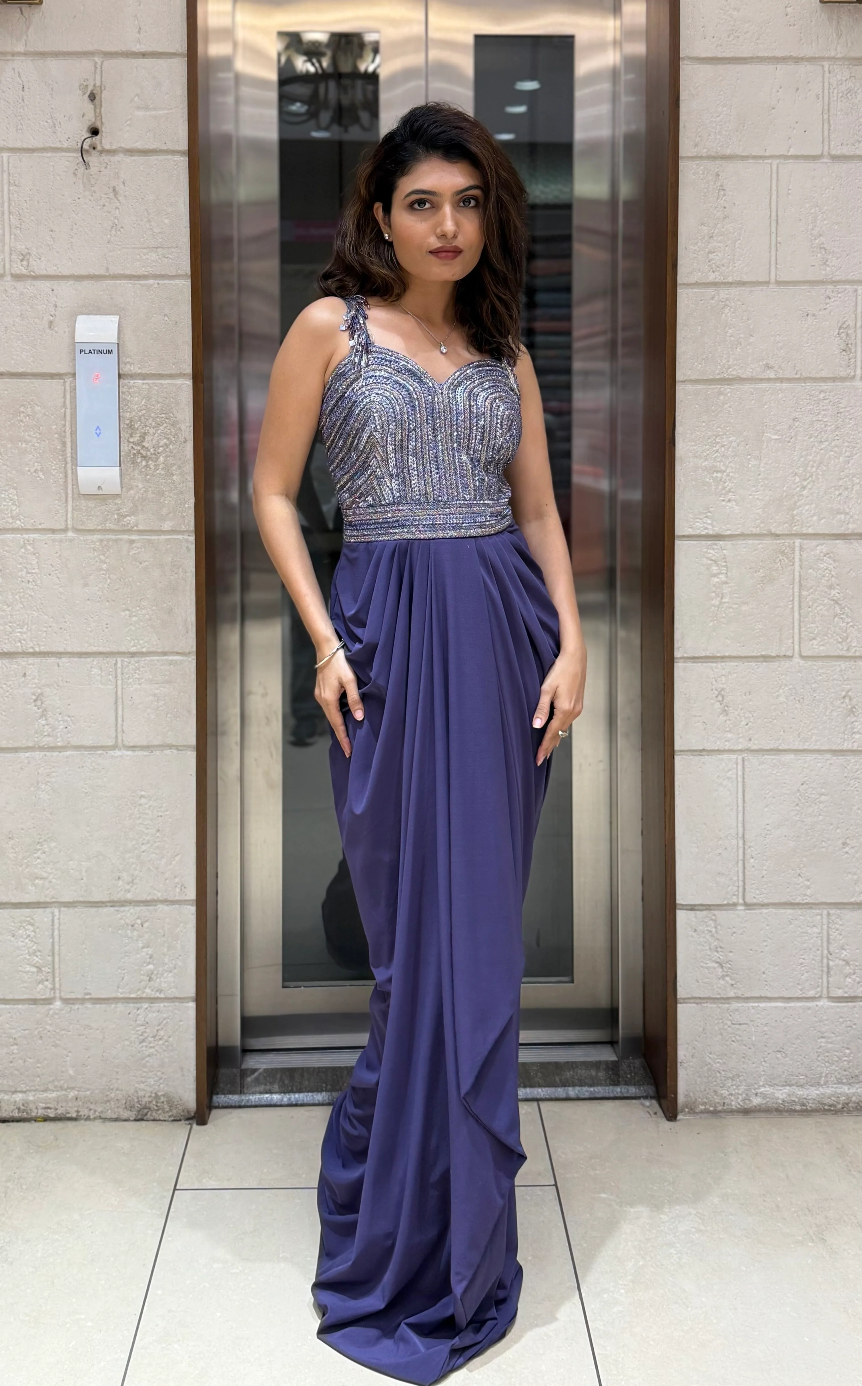 Lavender Grey Sequin Corset Draped Gown – Modern Glamour Evening Ensemble - Image 5