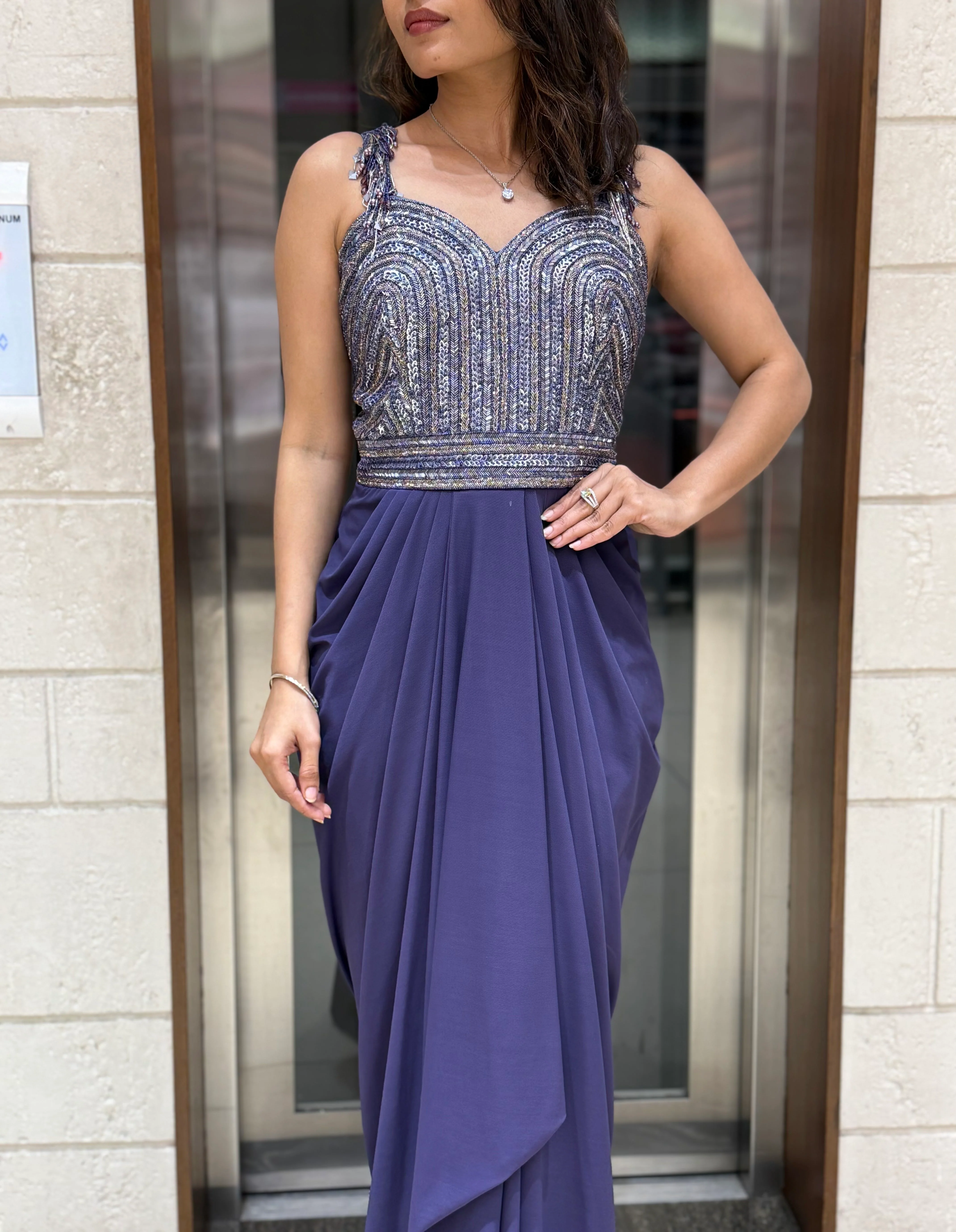 Lavender Grey Sequin Corset Draped Gown – Modern Glamour Evening Ensemble - Image 7