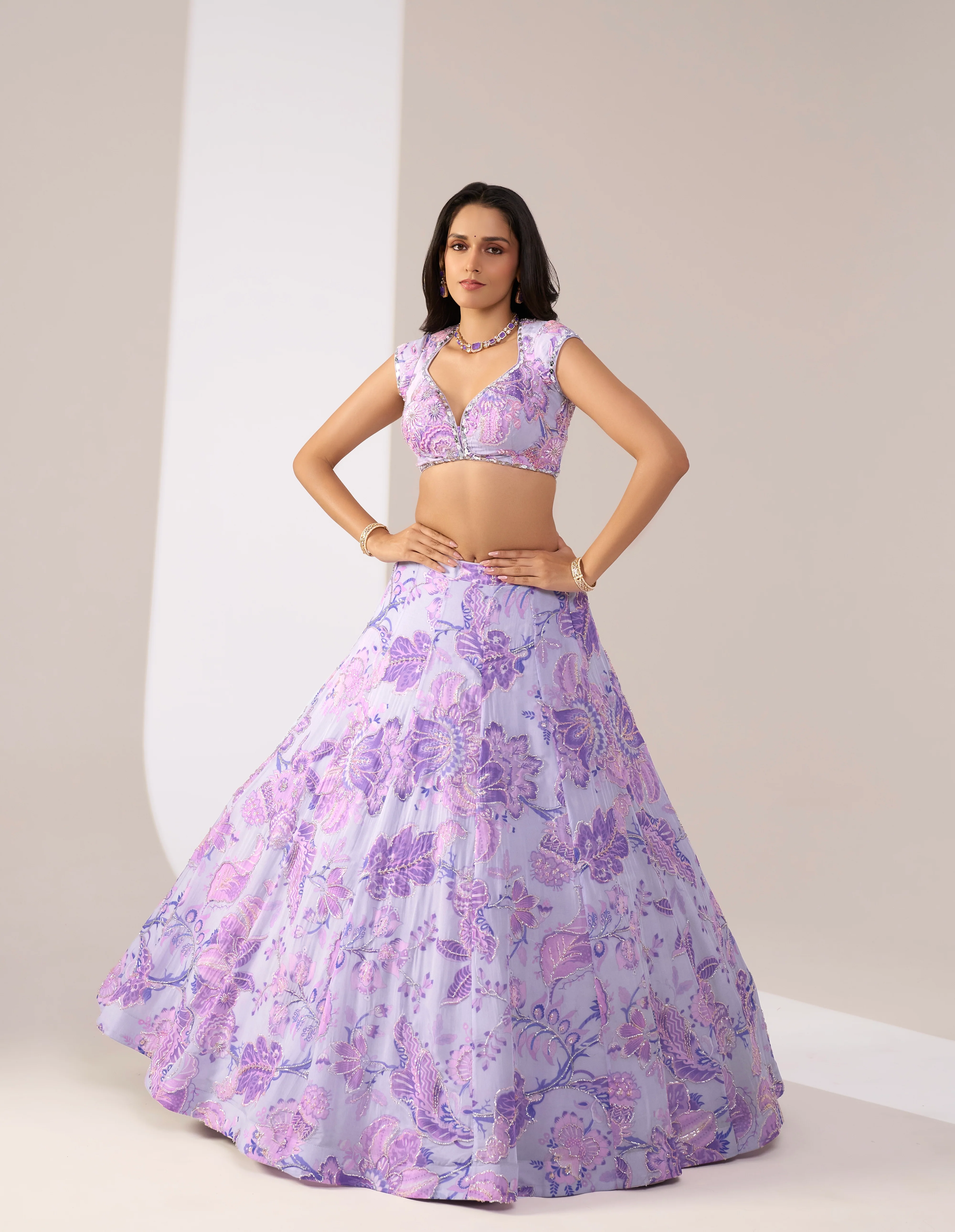 Lavender Lilac Embroidered Designer Lehenga Set with Sheer Dupatta - Image 3