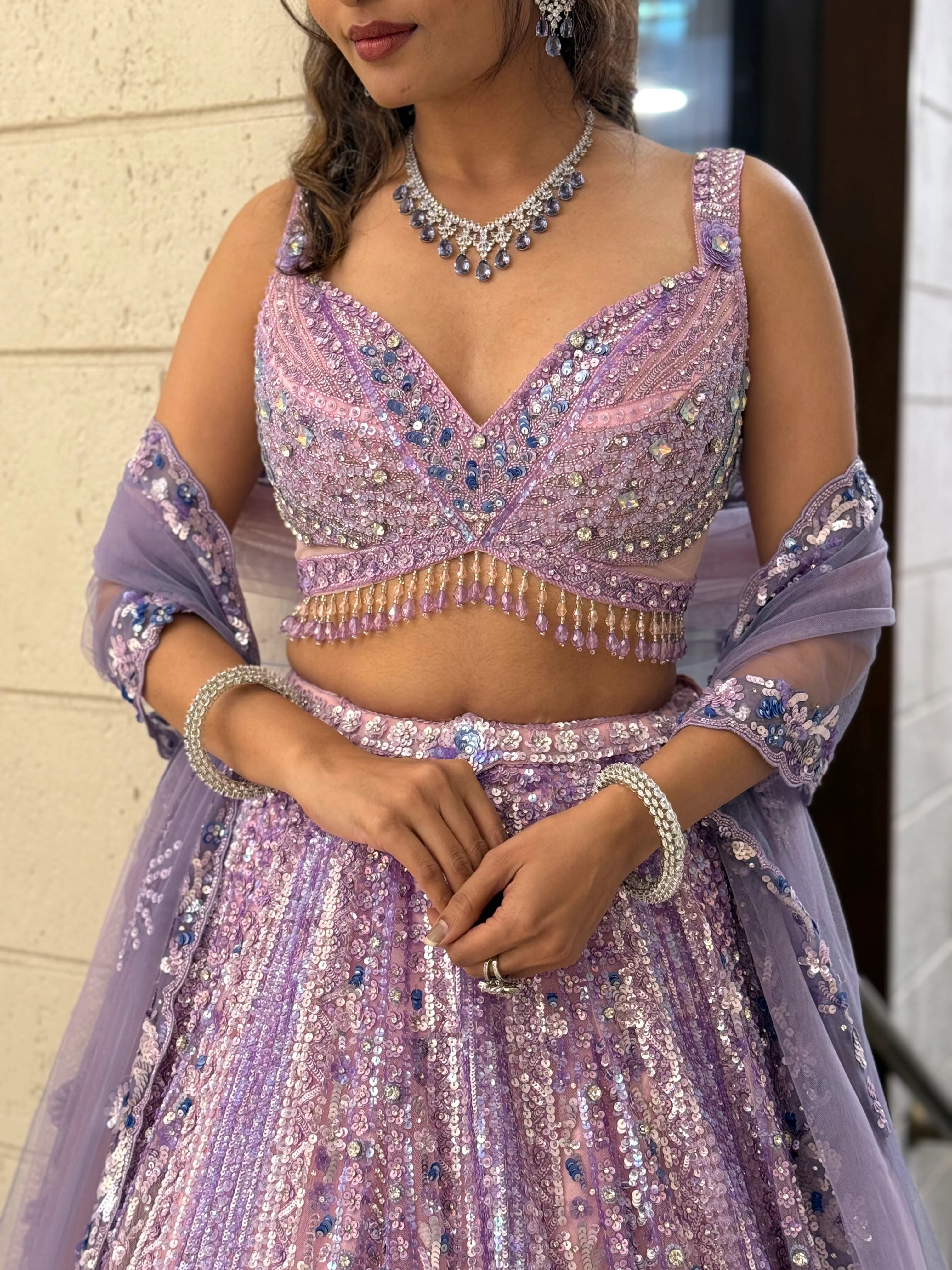 Lavender Lilac Pearl-Embellished Designer Lehenga Set with Net Dupatta - Image 2
