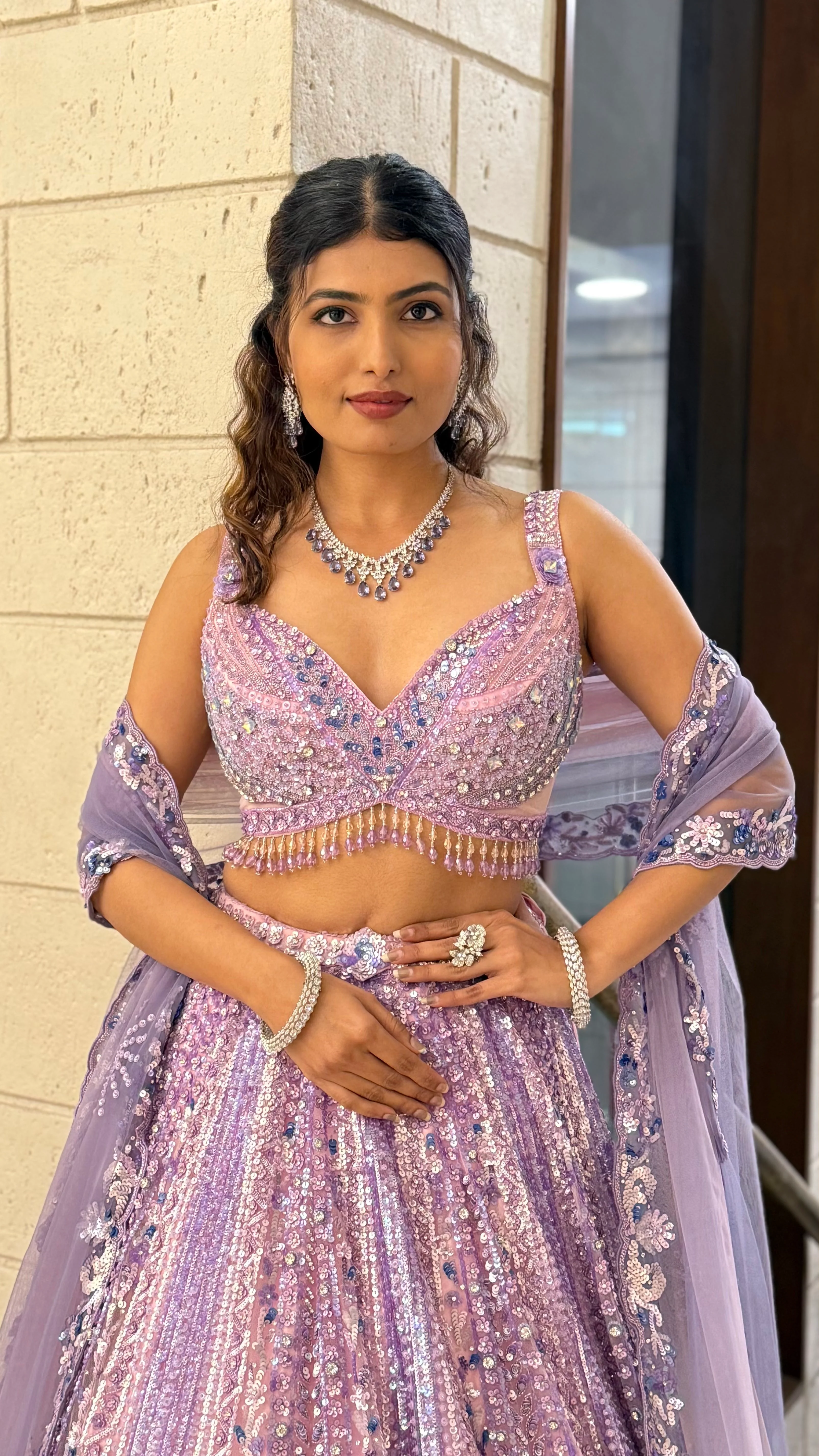Lavender Lilac Pearl-Embellished Designer Lehenga Set with Net Dupatta - Image 3