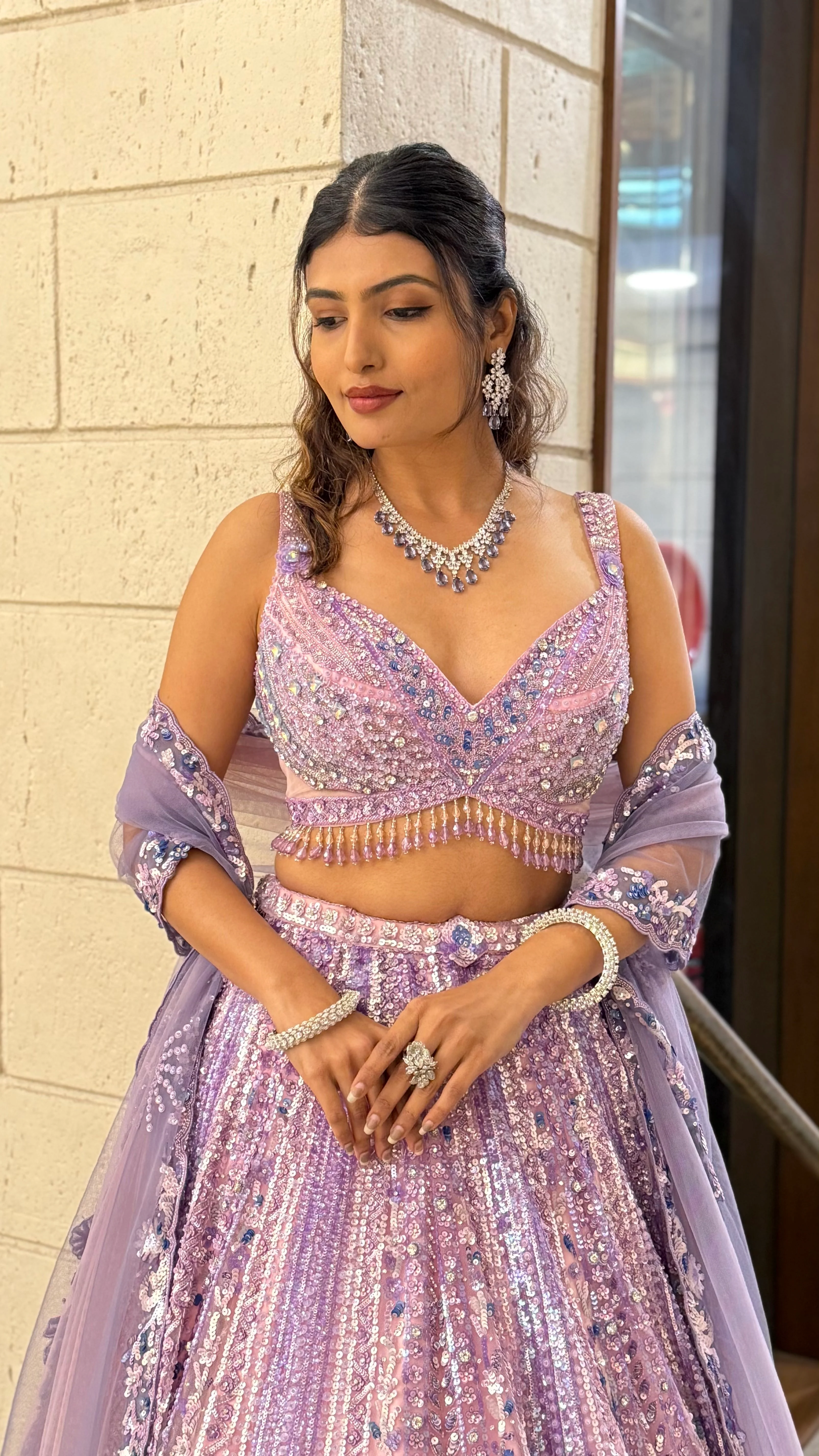 Lavender Lilac Pearl-Embellished Designer Lehenga Set with Net Dupatta - Image 4