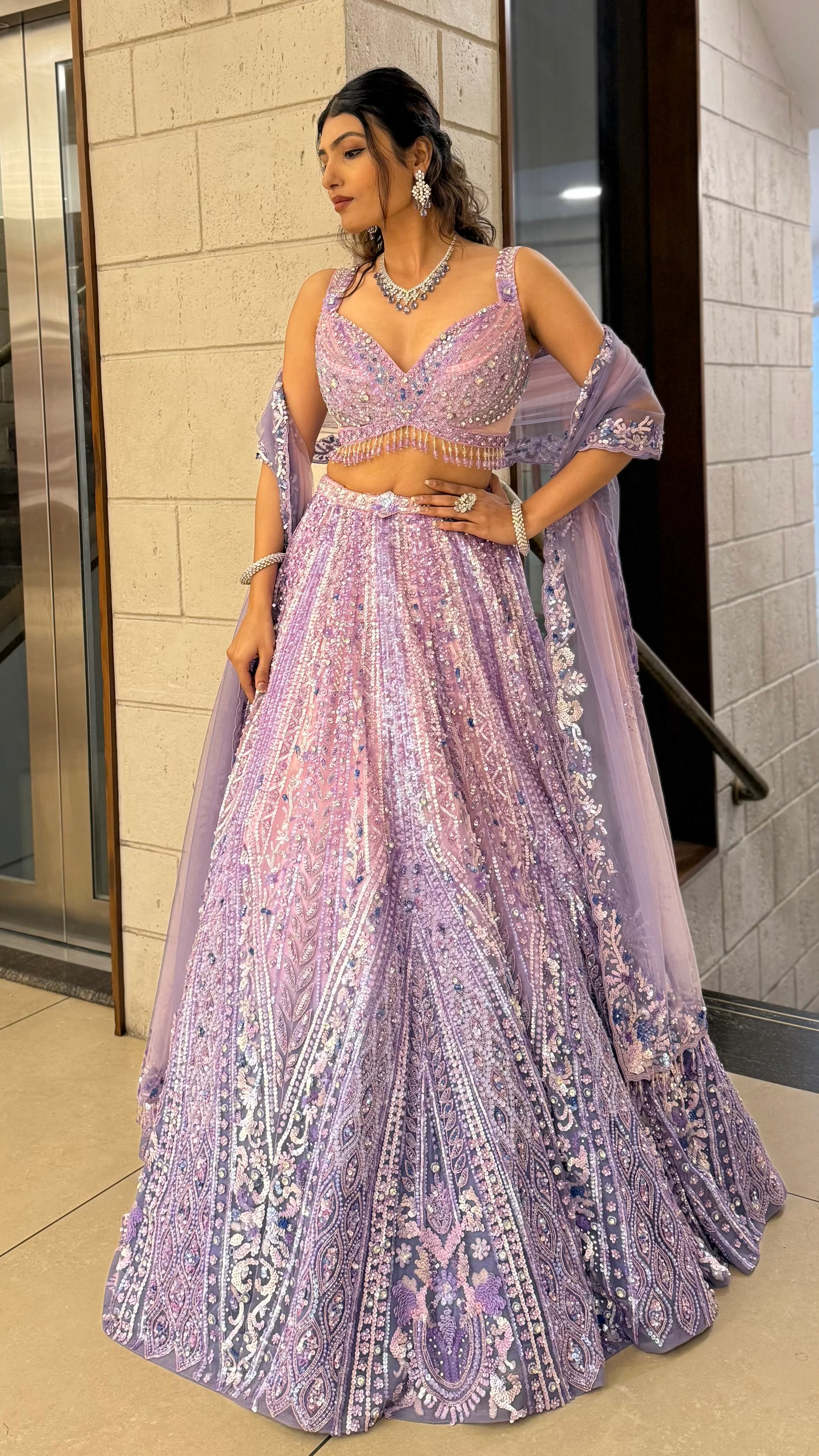 Lavender Lilac Pearl-Embellished Designer Lehenga Set with Net Dupatta - Image 5
