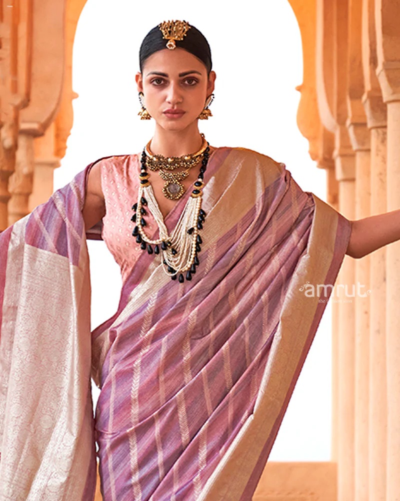 Lavender-Pink Striped Pattern and Golden Border Silk Saree with Unstitched Blouse - Image 2