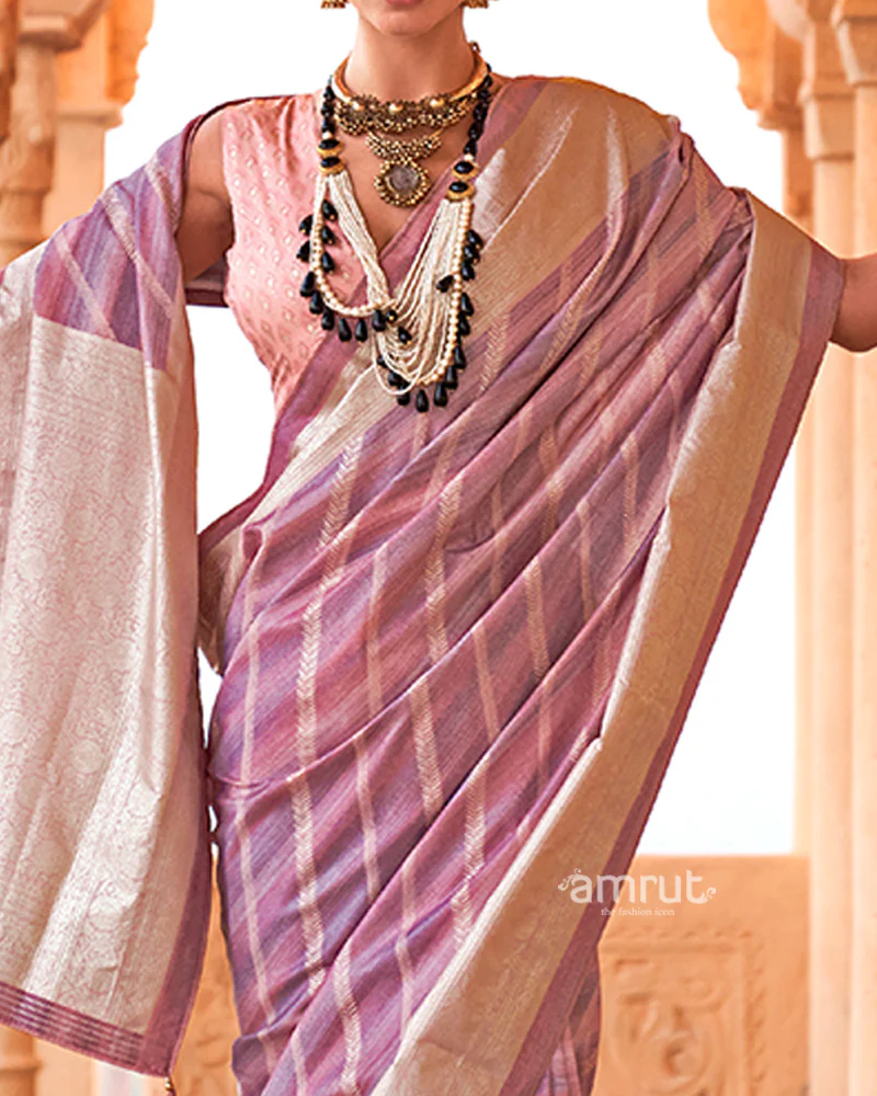 Lavender-Pink Striped Pattern and Golden Border Silk Saree with Unstitched Blouse - Image 3