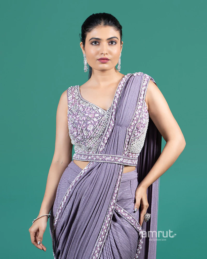 Lavender Pleated Lycra Ready to Wear Saree with Embroidered Blouse - Image 2