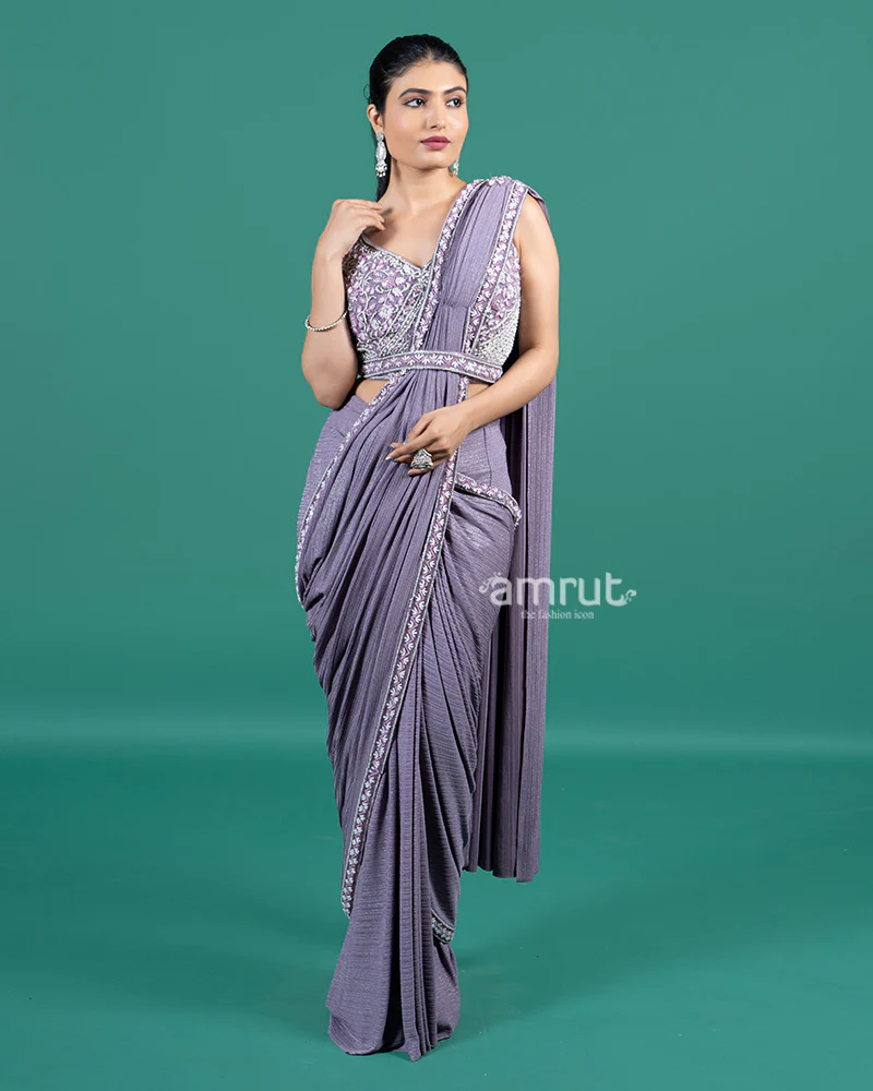 Lavender Pleated Lycra Ready to Wear Saree with Embroidered Blouse - Image 4