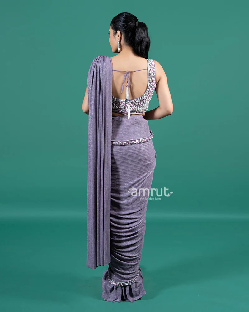 Lavender Pleated Lycra Ready to Wear Saree with Embroidered Blouse - Image 5
