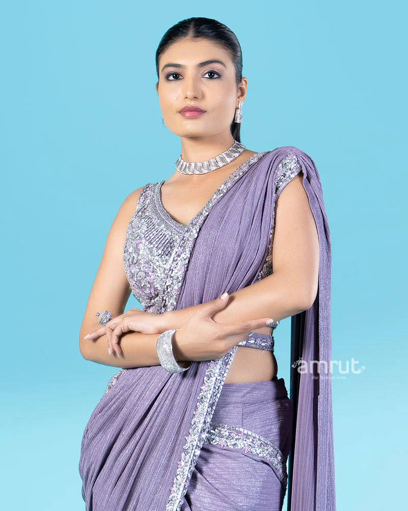 Lavender-Purple Ready-to-Wear Saree with Silver Sequin Embellished Blouse and Belt - Image 2