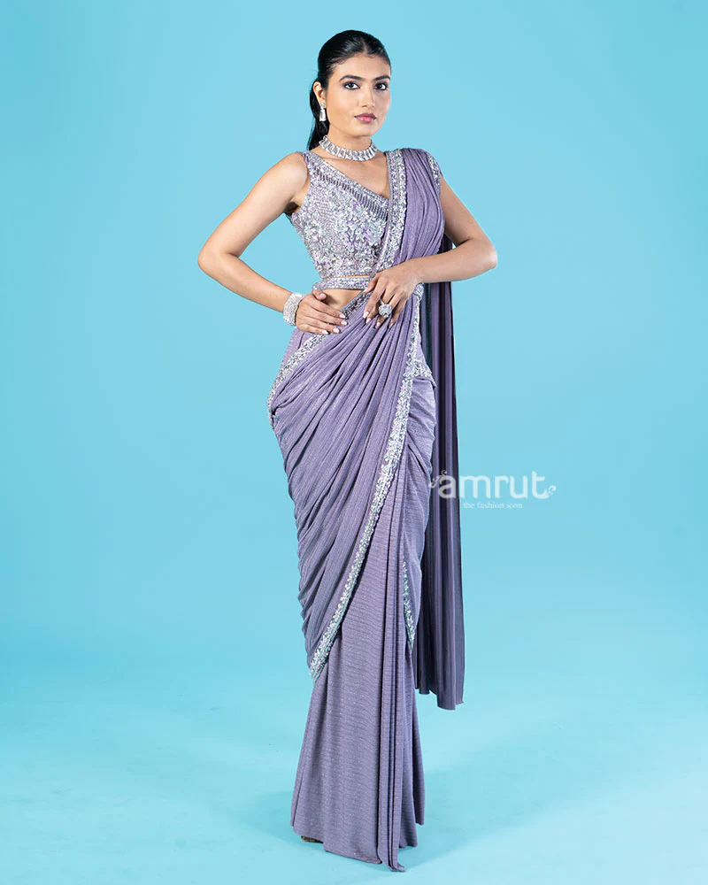 Lavender-Purple Ready-to-Wear Saree with Silver Sequin Embellished Blouse and Belt - Image 4