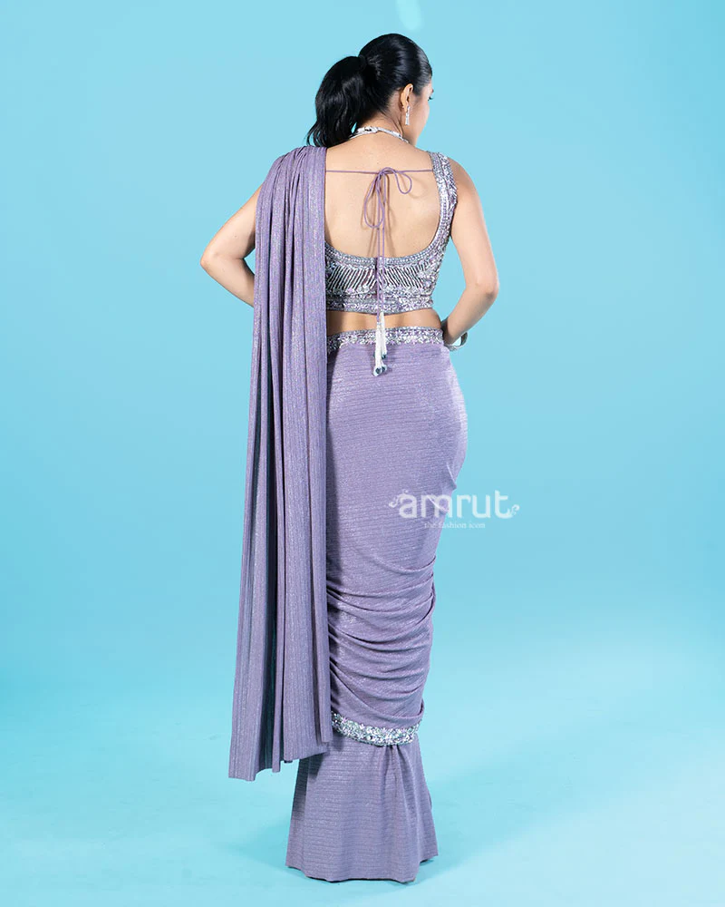 Lavender-Purple Ready-to-Wear Saree with Silver Sequin Embellished Blouse and Belt - Image 5