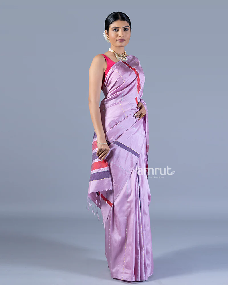 Lavender-Purple with Fringed Pallu & Decorative Stripes in Silk Sari with unstitched blouse - Image 4