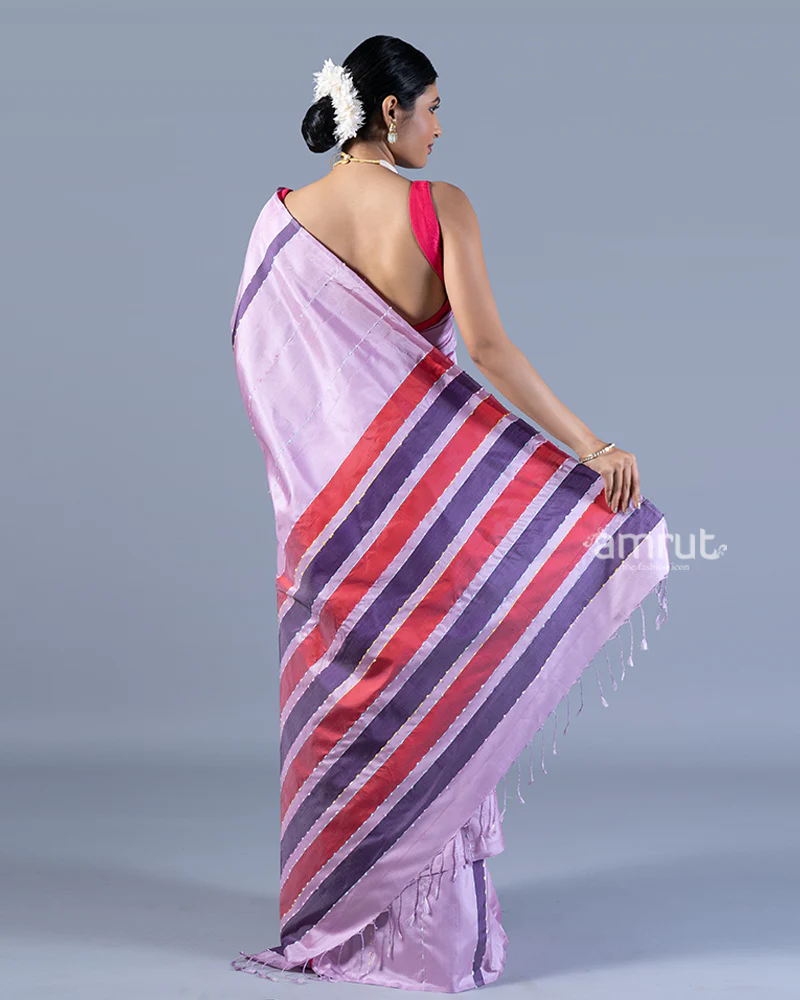 Lavender-Purple with Fringed Pallu & Decorative Stripes in Silk Sari with unstitched blouse - Image 5