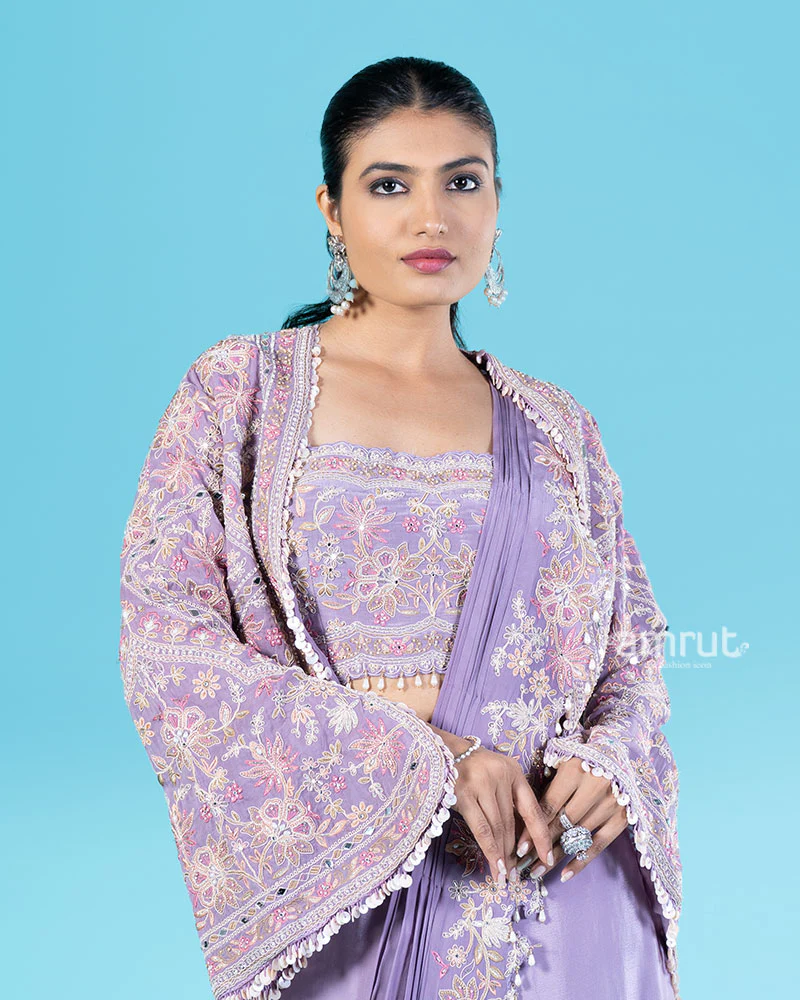 Lavender Ready to Wear Saree with Embroidered Blouse and Jacket - Image 2